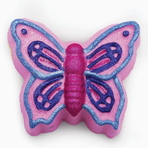 Pink butterfly-shaped object with blue accents on a white background