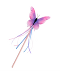 A butterfly wand with pink and purple wings, a black center, and long flowing pastel ribbons in pink, blue, and purple on a wooden handle, isolated on a white background.