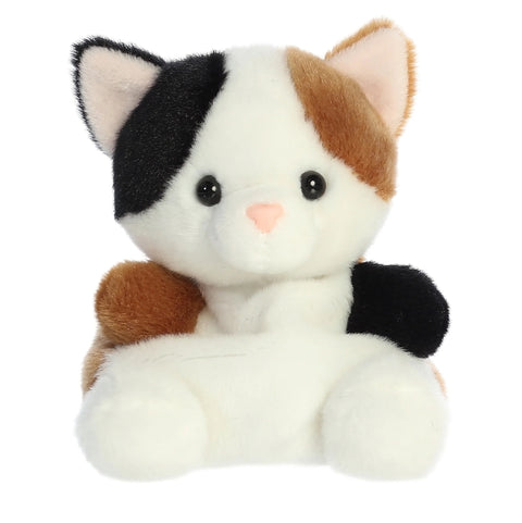 Plush toy cat with black, brown, and white fur on a white background