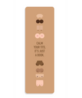 A tall, narrow tan book cover or bookmark-style product with minimalist illustrations of breasts in various shades and the text 'CALM YOUR TITS, IT'S JUST A BOOK.' centered on a white background.