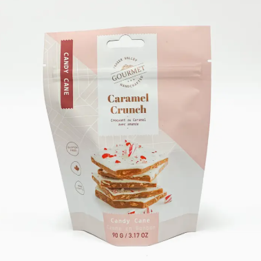 Gourmet Caramel Crunch candy packaging on a white background