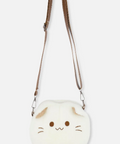 A small plush crossbody bag shaped like a cute cream-colored cat face with brown embroidered facial features and a brown shoulder strap, shown on a plain light gray background.