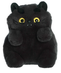 Black plush cat toy with yellow eyes on a white background