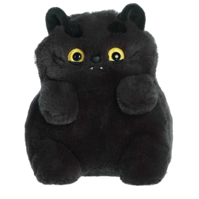 Black plush cat toy with yellow eyes on a white background