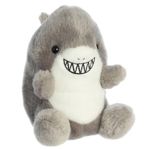 Plush shark toy with a happy expression on a white background