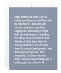 Blue birthday card with white text on a white background