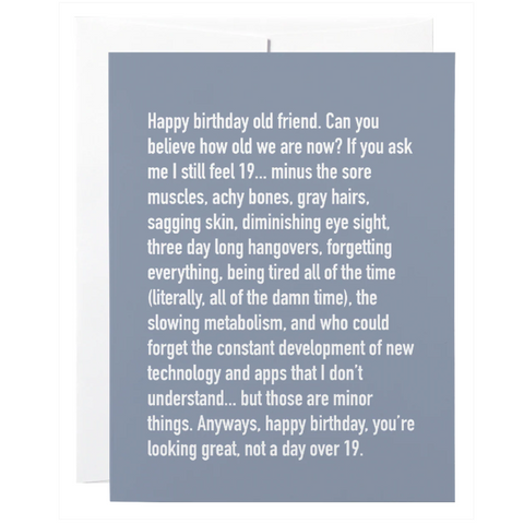 Blue birthday card with white text on a white background