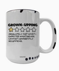 White mug with text and star ratings on a white background