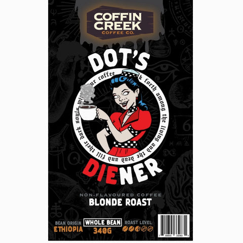 Coffin Creek coffee package with a character design on a black background