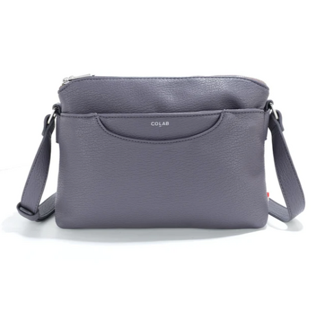 Gray crossbody bag with 'Colab' branding on a white background