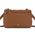 Brown leather crossbody bag on a white background