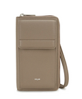 Beige crossbody bag with a visible brand logo on a white background