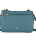 Blue crossbody bag with a visible brand logo on a white background