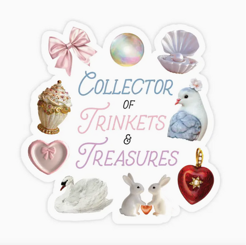 Collection of trinkets and treasures with decorative elements on a white background
