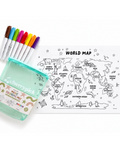 A white world map coloring mat with black outline world map illustrations, shown with a clear container of Cherrypick Magic Coloring Mats and six colored markers on a white background.