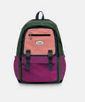 A color-blocked backpack by Randall, featuring a dark green top section, a dusty pink middle zip pocket, and a magenta purple bottom pocket, shown against a light gray background.