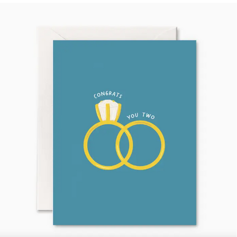 Greeting card with wedding rings design and 'Congrats You Two' text on a blue background