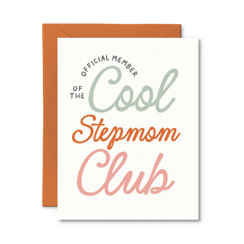 Greeting card with 'Official Member of the Cool Stepmom Club' text on a white background