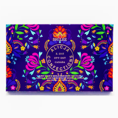 Colorful chocolate packaging with floral patterns on a white background