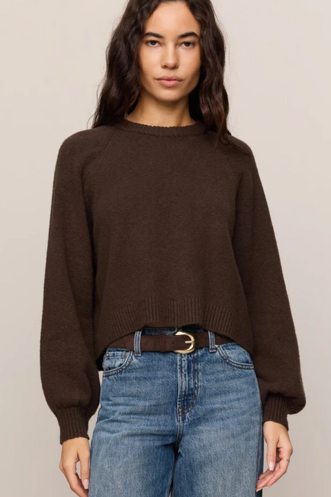 A woman wearing a dark brown knit crewneck sweater and blue jeans with a brown belt, standing against a plain light beige studio background.