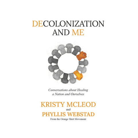 Book cover of 'Decolonization and Me' by Kristy McLeod and Phyllis Webstad with a multicolored circular design on a white background.