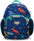 A navy blue kids' backpack with a colorful dinosaur and space-themed print, featuring mesh side pockets and a front zippered pocket. The brand name 'CAN & JILL' is visible on the lower left front.