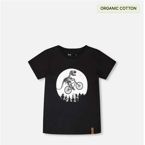 Black t-shirt with a dinosaur riding a bike graphic on a white background