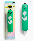 Green squishy pen with a white character design on a white background