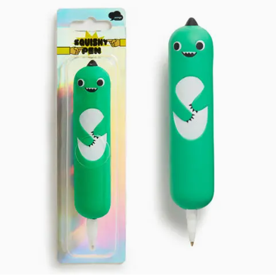 Green squishy pen with a white character design on a white background