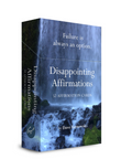 A boxed card set titled "Disappointing Affirmations: 52 Affirmation Cards" by Dave Harnowski, shown as a 3D box mockup on a white background. The box features a waterfall and rocky landscape photo with white text.