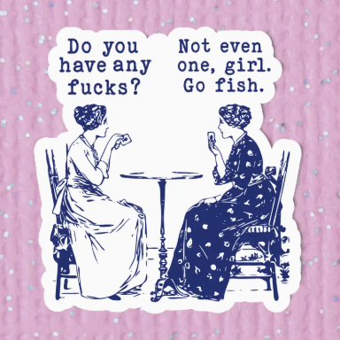 Two women sitting at a table with text bubbles on a pink polka dot background