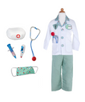 Child's doctor costume set displayed on a mannequin torso with matching accessories, including a white lab coat, mint green pants, stethoscope, cap, syringe, thermometer, and face mask, on a plain white background.