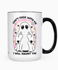 Mug with a ghost design and text on a white background