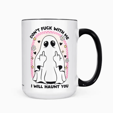 Mug with a ghost design and text on a white background