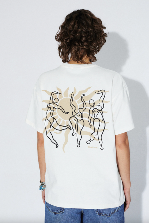 Person wearing a white t-shirt with abstract designs on the back, standing against a plain background.