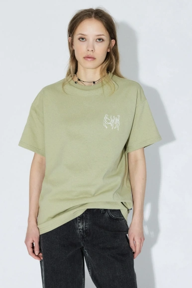 Person wearing a light green t-shirt with a logo on a white background