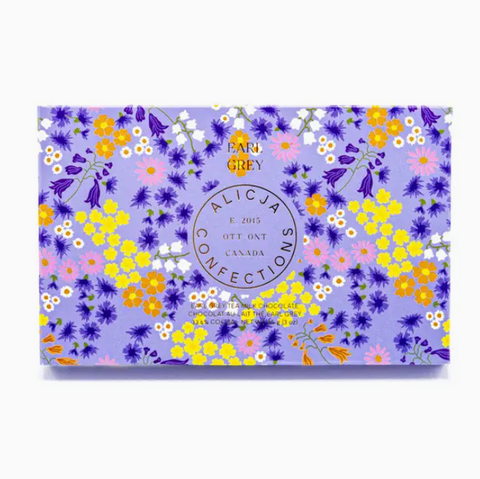 Floral-patterned box with 'Alicja's Confections' branding on a white background