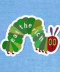 Caterpillar sticker with text 'eat the rich' on a blue background