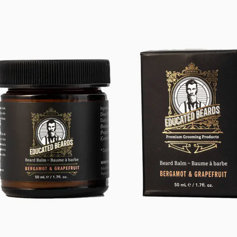 Beard balm jar and packaging with 'Educated Beards' branding on a white background