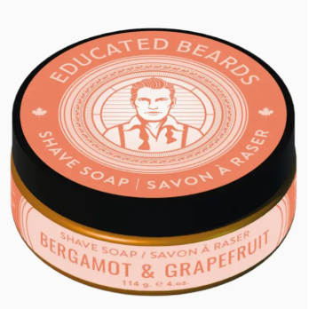 Shave soap container with 'Educated Beards' branding on a white background