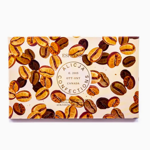 Chocolate bar with coffee bean design and 'Alicja Confections' branding on a white background