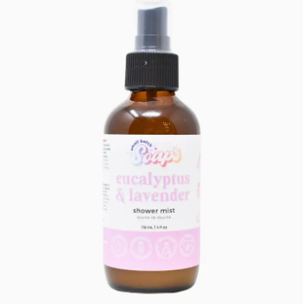 Bottle of 'Pups' eucalyptus & lavender shower mist on a white background