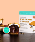 Patchology x Sprinkles eye mask packaging with a cupcake-shaped product on a peach background
