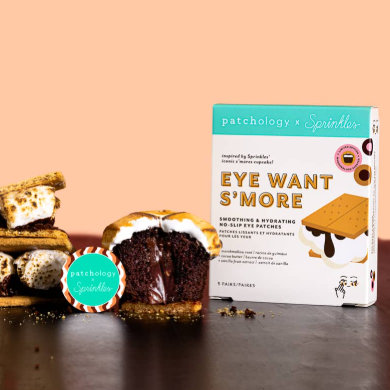 Patchology x Sprinkles eye mask packaging with a cupcake-shaped product on a peach background
