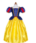 A children's Snow White costume displayed on a mannequin torso against a plain white background. The costume features a royal blue bodice with gold trim, red puffed sleeves, and a voluminous yellow skirt.