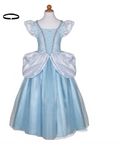 A light blue and white princess-style dress displayed on a mannequin torso, with a small black headband shown separately at the upper left on a plain white background.cinderella
