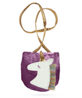 A purple velvet crossbody bag featuring a white embroidered unicorn head on the front with a gold horn and a multicolor fringe mane, complete with a metallic gold double-strap handle, shown against a plain white background.