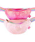 Two iridescent pink fanny packs with rainbow-striped elastic straps, displayed against a solid white background.