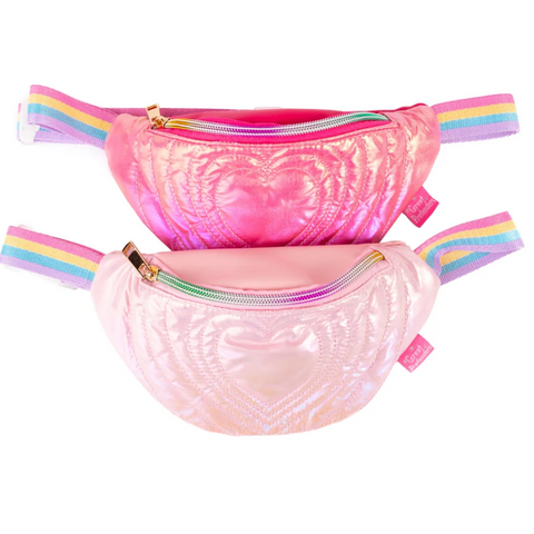 Two iridescent pink fanny packs with rainbow-striped elastic straps, displayed against a solid white background.