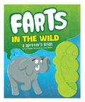 Book cover of 'Farts in the Wild' with an elephant and fart graphic on a green and blue background